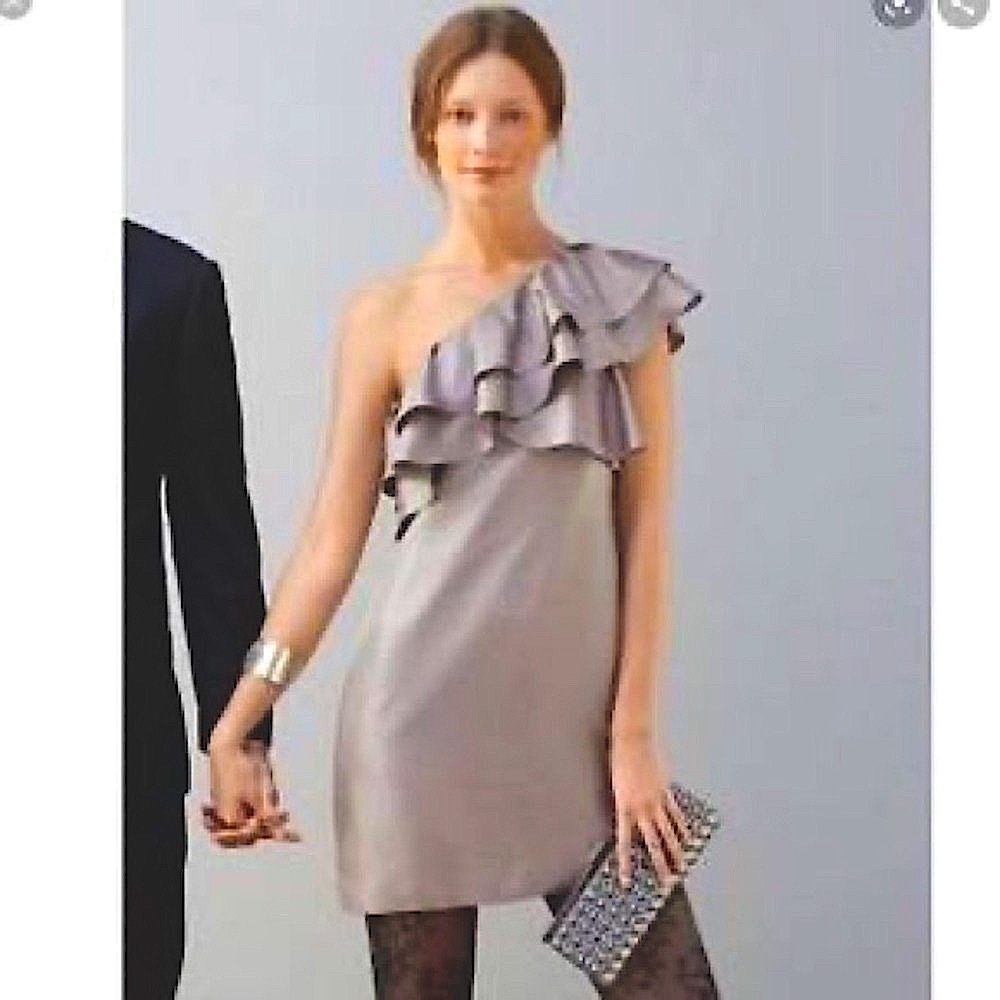 Silk one shoulder ruffle mini dress in champagne size 6 Banana Republic